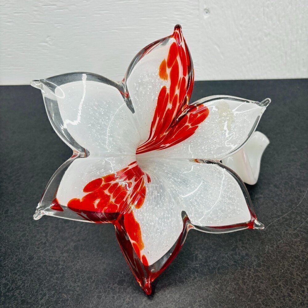 VTG MURANO Art Glass Flower Decor Art Orange & White Spiral Stem Hand blown